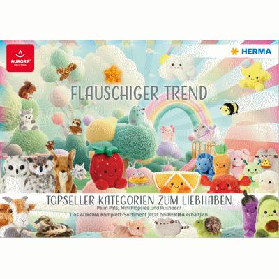 Bunte, flauschige Plüschtiere in verschiedenen Formen und Farben, darunter Tiere und Obst, mit einem Regenbogen im Hintergrund.