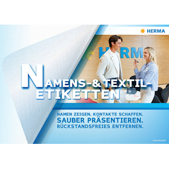 Namens- und Textiletiketten mit den Slogans: "Namen zeigen. Kontakte schaffen. Sauber präsentieren. Rückstandsfreies Entfernen."