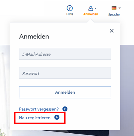 Feld mit Neu Registrieren 
