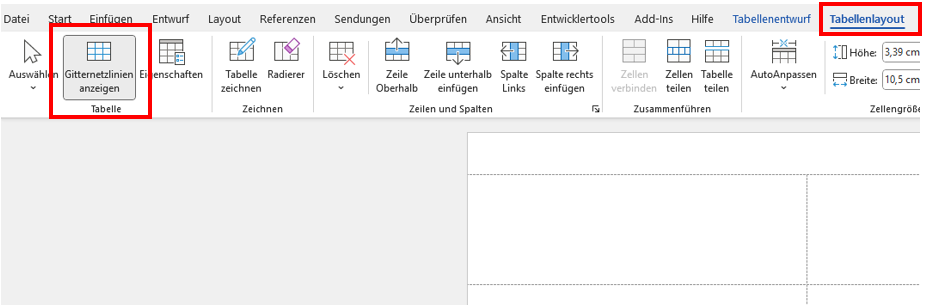 Menüleiste in einer Software zeigt die Optionen "Daten einfügen" und "Tabellenlayout" mit hervorgehobenen Schaltflächen für Tabellen.