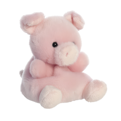 Ein niedliches, rosa Plüschschwein sitzt mit einem runden Körper und kleinen Ohren, die Vorderbeine leicht angezogen.