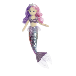 Puppe einer Meerjungfrau mit lila und rosa Haaren, einem schwarzen Oberteil und einem schillernden Schwanz.