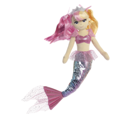 Puppe in Form einer Meerjungfrau mit pinken Haaren und glitzerndem Schwanz, trägt ein pinkes Oberteil und eine Krone.