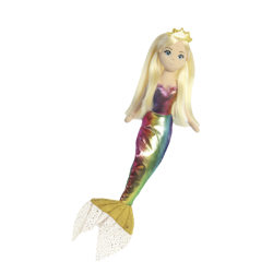 Eine Meerjungfrau mit langen blonden Haaren und einem schillernden, mehrfarbigen Schwanz. Sie trägt eine goldene Krone.