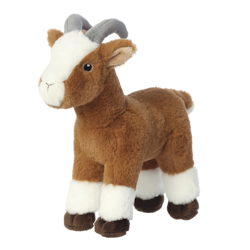 Stofftier einer Ziege mit braunem Fell, weißen Beinen und kleinen Hörnern. Das Tier steht aufrecht und hat ein freundliches Aussehen.