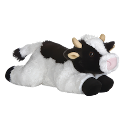 Plüschkuh mit schwarz-weißer Fellzeichnung, liegend mit kleinen Hörnern und einer rosa Schnauze.
