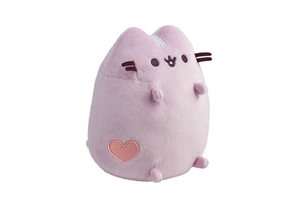 Kuschelige, rosa Plüschfigur in Form einer Katze mit einem Herz auf der Seite und einem lächelnden Gesicht.