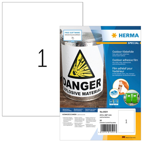 Packung mit Outdoor-Klebefolieetikett mit Artikel 9501 von HERMA, zeigt Warnsymbol für explosive Materialien. Enthält Informationen zur Anwendung und Größe.