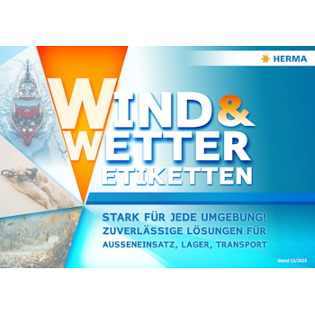 Wind- und Wetteretiketten von HERMA, betont Zuverlässigkeit für Außeneinsatz, Lager und Transport.