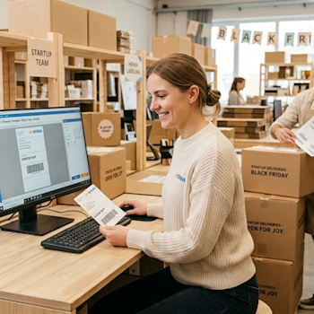 Eine Frau sitzt an einem Computer und erstellt HERMA Etiketten, während im Hintergrund Kartons gestapelt sind. Ein Kollege arbeitet ebenfalls.