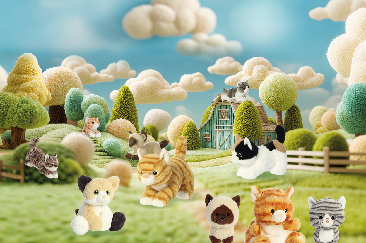 Plüschtiere in verschiedenen Tierformen stehen in einer bunten, fantasievollen Landschaft mit Bäumen und einem kleinen Bauernhaus.