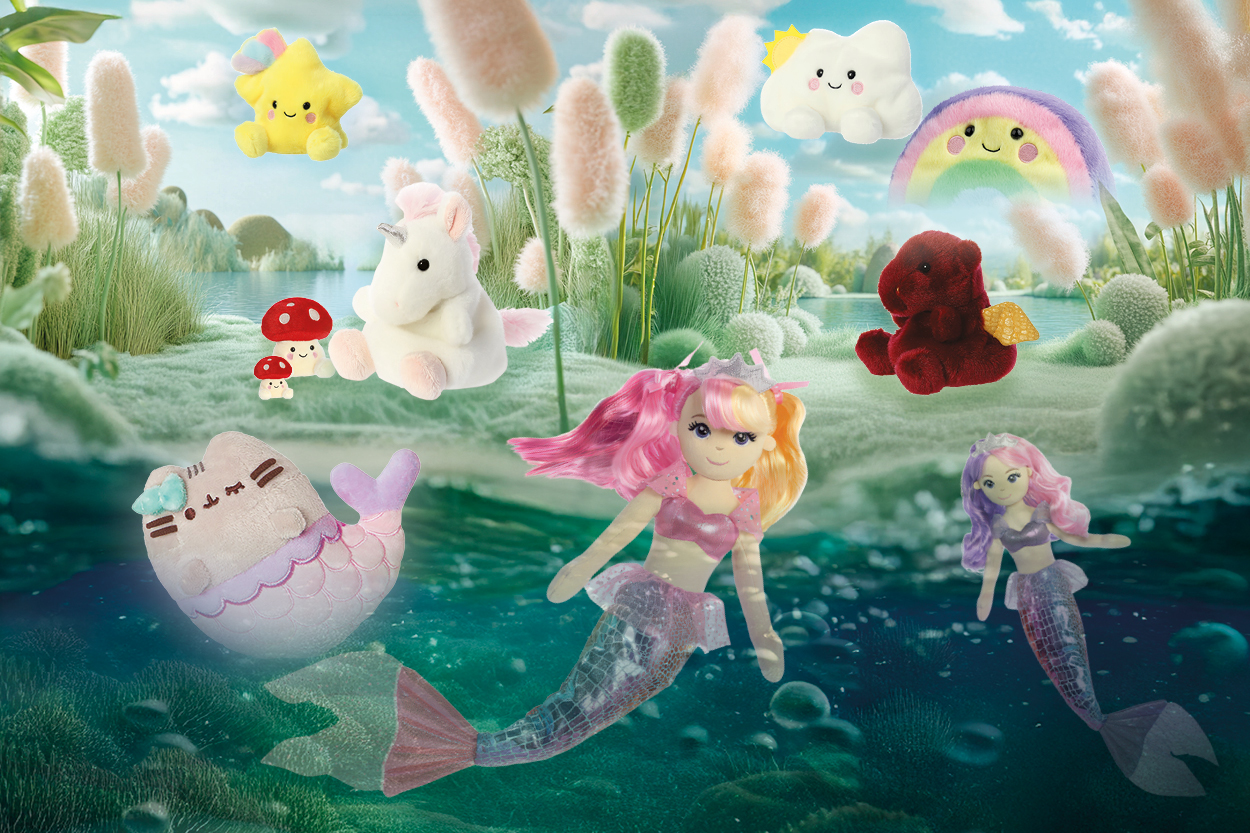 Zwei Meerjungfrauenpuppen schwimmen im Wasser, umgeben von bunten Plüschfiguren wie einem Einhorn, Wolken und einem Regenbogen.