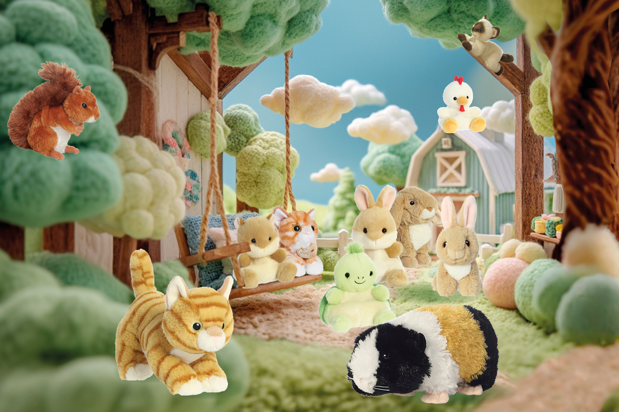 Plüschtiere in einer ländlichen Umgebung, darunter ein Kätzchen, Kaninchen, ein Meerschweinchen und ein Eichhörnchen, umgeben von Bäumen und Wolken.