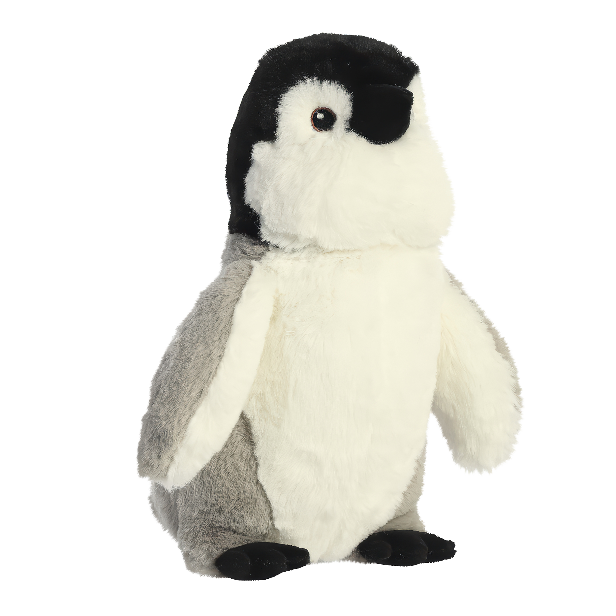 Plüsch-Pinguin mit grauem und weißem Fell, stehend und mit einem runden Kopf, der schwarze Augen und einen kleinen Schnabel hat.