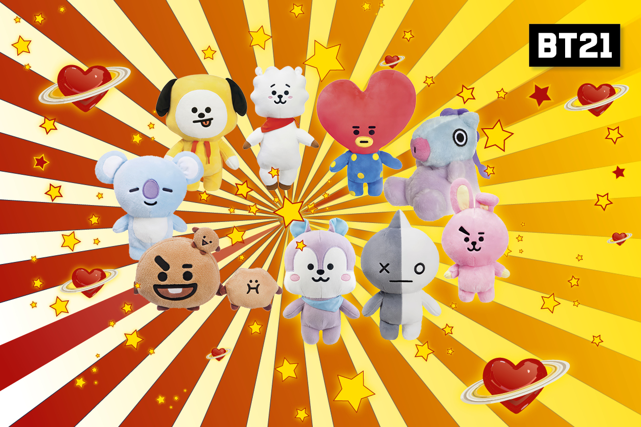 Eine Gruppe von zehn BT21-Plüschfiguren vor einem bunten, strahlenden Hintergrund mit Sternen und Herzen.