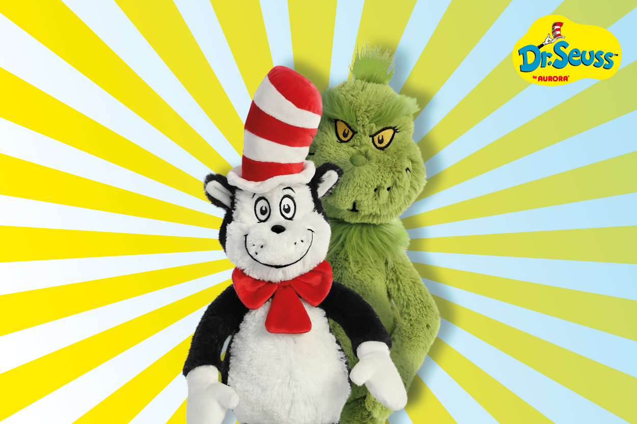 Der Kater mit dem Hut und der Grinch stehen nebeneinander vor einem strahlenden Hintergrund.