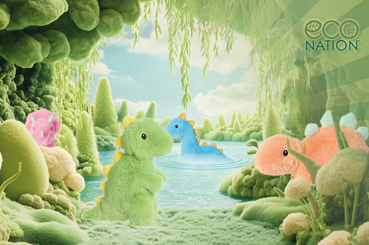 Dino Kuscheltiere in der Dino-Welt mit Fluss und Bäumen