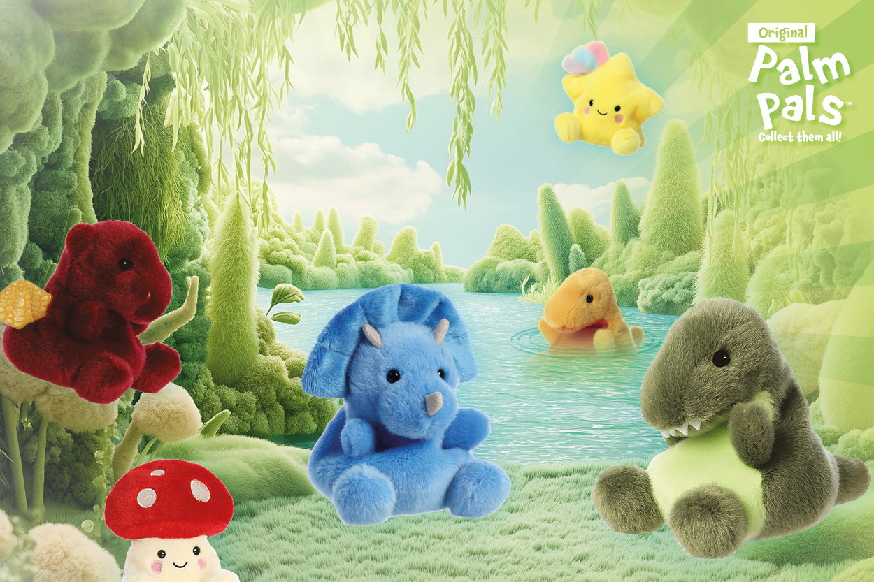 Dinos als Kuscheltiere am Fluss sitzend