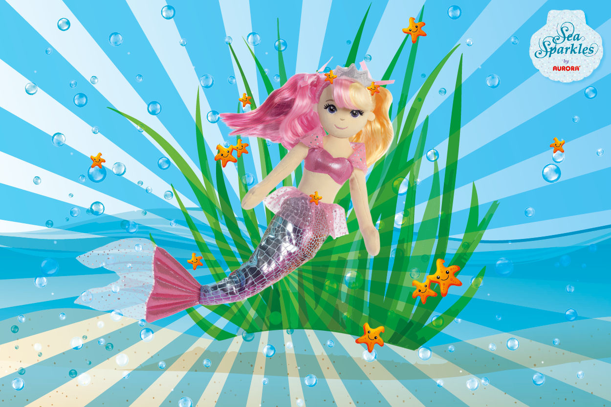 Eine Meerjungfrau-Puppe mit pinken und blonden Haaren schwimmt zwischen Wasserpflanzen und Luftblasen in einem bunten Unterwasserhintergrund.