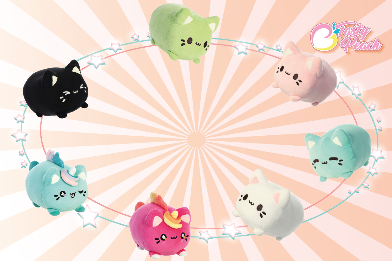 Tasty Peach Plüschtiere im Kreis mit rosa Hintergrund