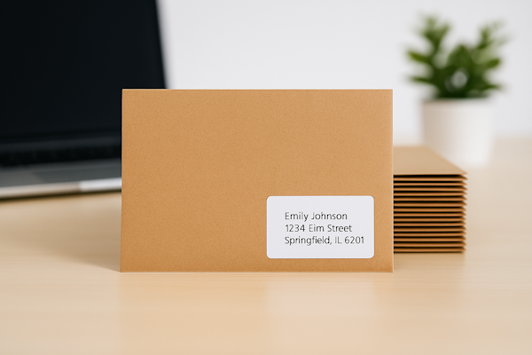 Ein brauner Umschlag mit einer Adressetikette, die den Namen "Emily Johnson" und eine Adresse in Springfield, IL, zeigt. Im Hintergrund sind weitere Umschläge und ein Laptop sichtbar.