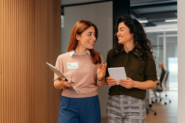 Zwei Frauen in einem modernen Büro unterhalten sich, eine hält ein Tablet und die andere eine Mappe. Beide lächeln.