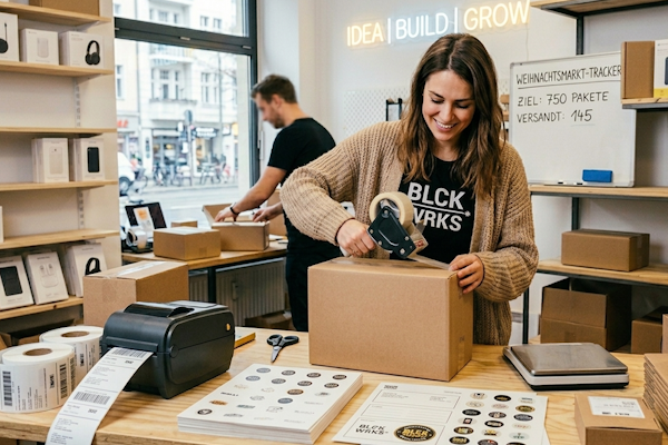 Eine Frau verpackt ein Paket mit Klebeband an einem Tisch, während ein Mann im Hintergrund arbeitet. Auf dem Tisch liegen HERMA Etiketten und Dokumente.
