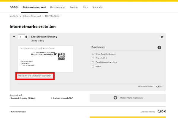 Internetmarke Adresse bearbeiten