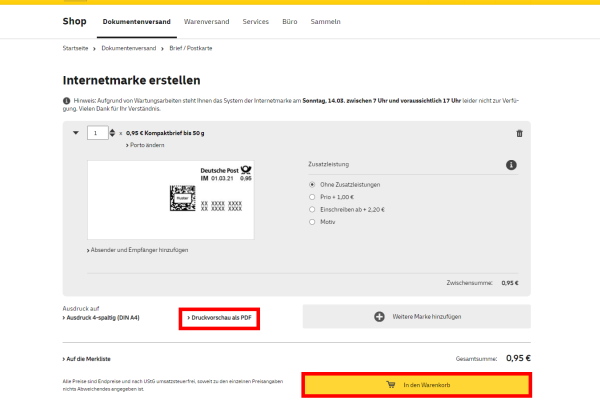Internetmarke Warenkorb