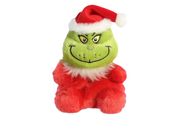 Plüschfigur des Grinch mit Weihnachtsmütze und rotem Outfit, lächelnd und mit charakteristischen grünen Gesichtszügen.
