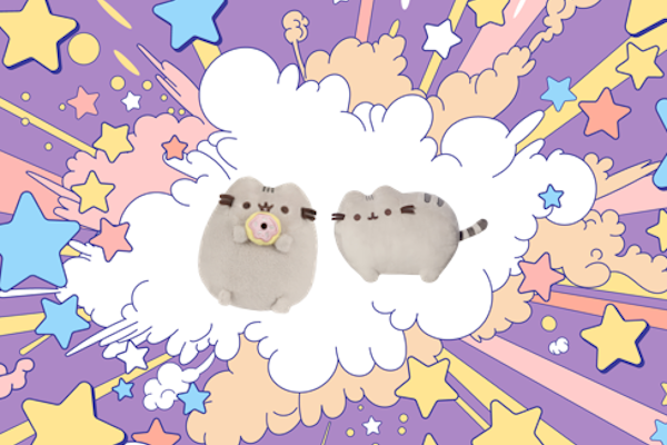 Zwei plüschige Katzenfiguren auf einem bunten, sternenübersäten Hintergrund. Eine Katze trägt eine Blume.