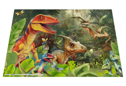 HERMA Schreibunterlage mit dem Motiv "Dino World". Dinosaurier in einem üppigen Dschungel, darunter ein Tyrannosaurus rex, ein Velociraptor und andere prähistorische Kreaturen, umgeben von Pflanzen.