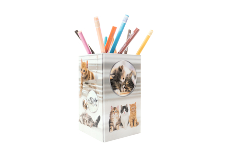 Ein Stiftbehälter von HERMA mit Bildern von Katzen und bunten Stiften, die herausragen.