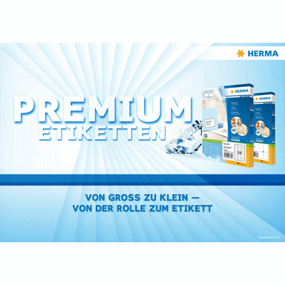 Premium Etiketten von Herma, präsentiert in verschiedenen Größen, mit dem Slogan "Von groß zu klein – von der Rolle zum Etikett".