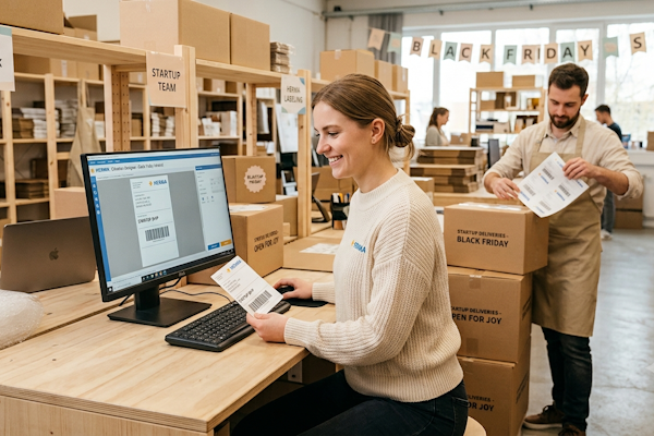 Eine Frau sitzt an einem Schreibtisch und druckt Versandetiketten von HERMA, während ein Mann im Hintergrund Pakete vorbereitet.