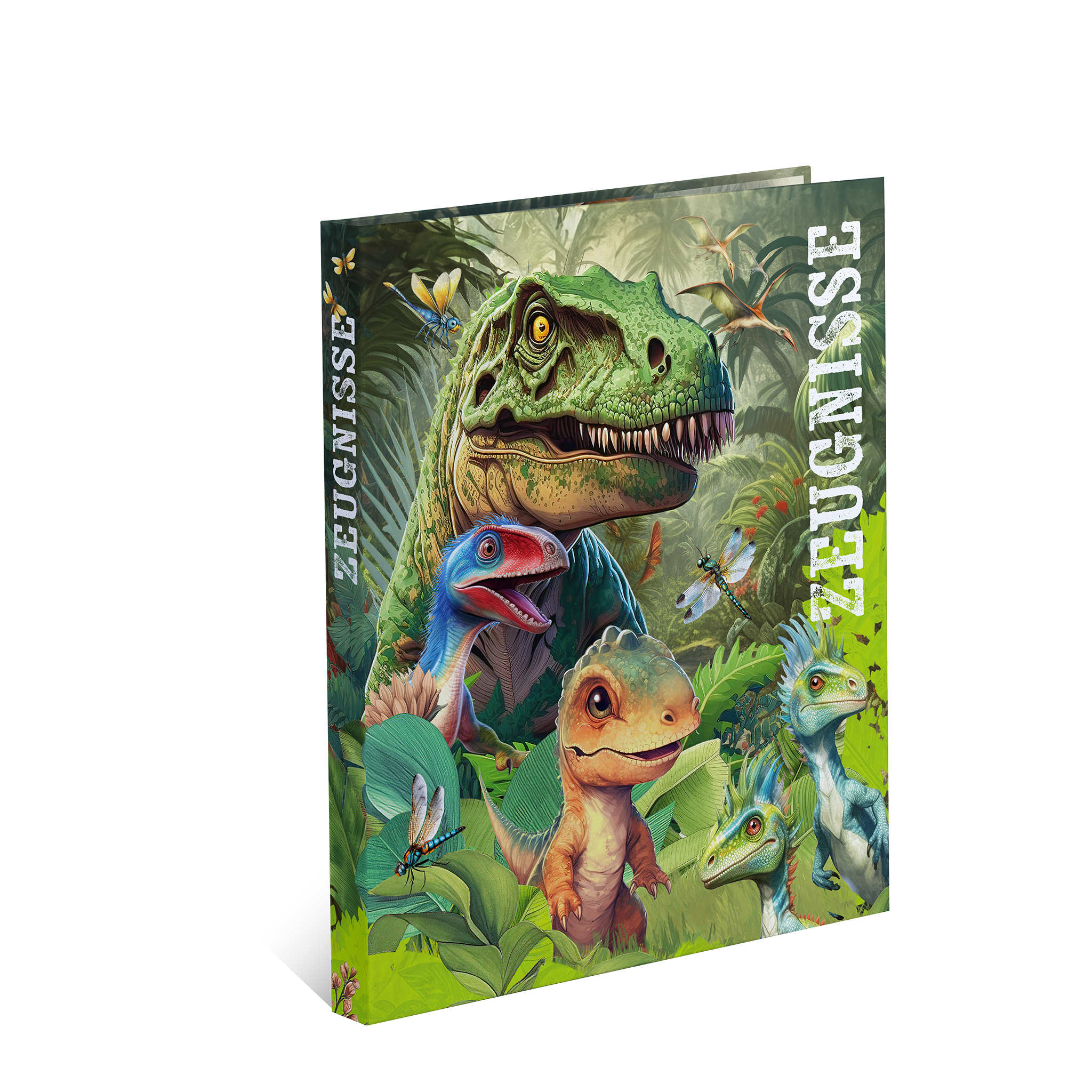 Ein farbenfrohes Notizbuch mit Dinosauriern auf dem Cover, darunter ein Tyrannosaurus Rex und verschiedene andere Dinosaurierarten in einer grünen Umgebung.