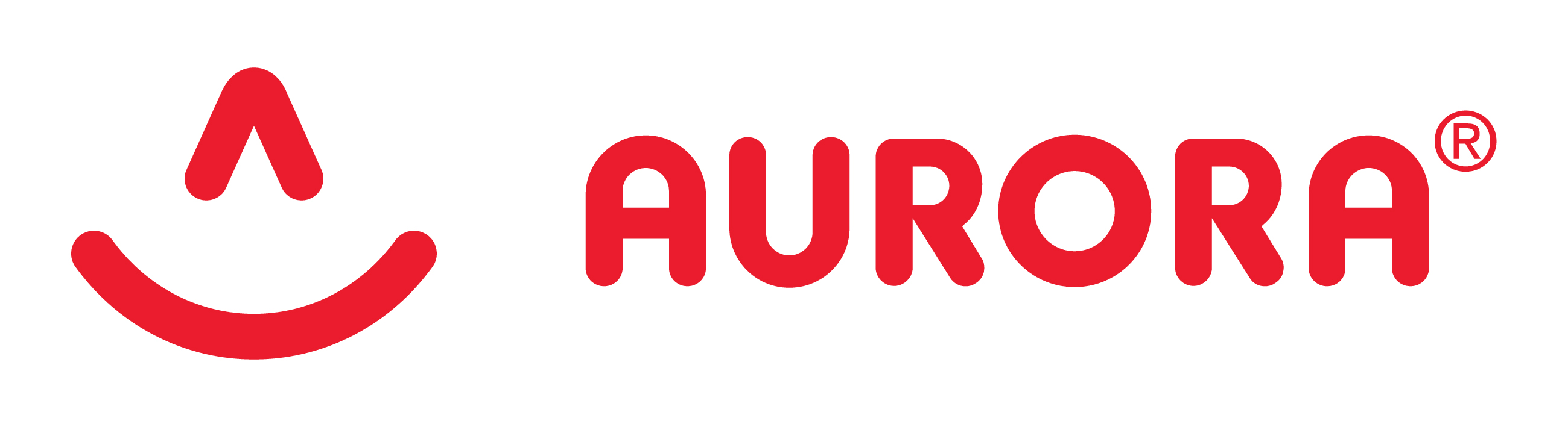 Logo von Aurora mit einem stilisierten Lächeln und dem Schriftzug "AURORA" in roter Farbe.