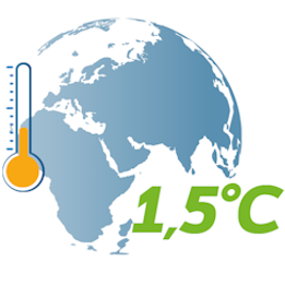 Globus mit Thermometer und der Zahl 1,5°C, symbolisiert den Temperaturanstieg und den Klimawandel.