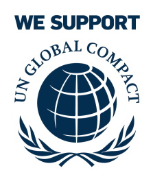 Unterstützung des UN Global Compact mit einem Globus und Lorbeerkranz. Text: "WE SUPPORT UN GLOBAL COMPACT".