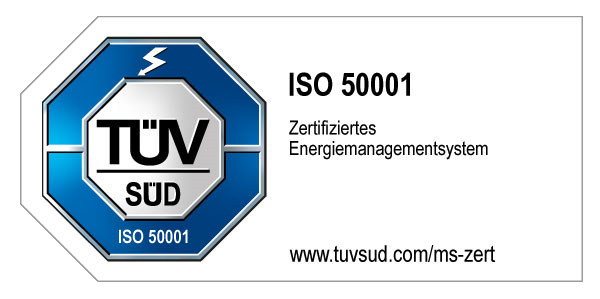 Zertifikat für ISO 50001, das ein zertifiziertes Energiemanagementsystem von TÜV SÜD bestätigt.