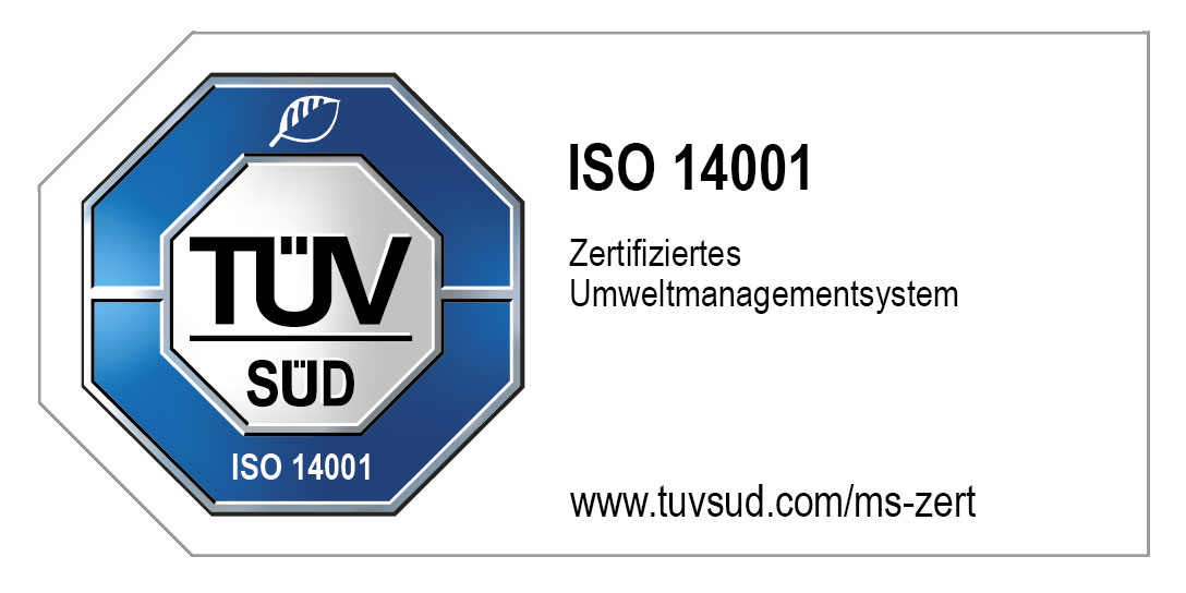 Zertifikat für ISO 14001, das ein zertifiziertes Umweltmanagementsystem von TÜV SÜD bestätigt.