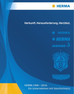 HERMA-Logo auf blauem Hintergrund mit dem Slogan "Herkunft. Herausforderung. Herzblut." und weiteren Unternehmensinformationen.