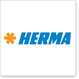 Logo von HERMA mit orangefarbener Sterngrafik und blauer Schrift.