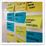 Haftnotizen an einer Wand, die verschiedene Begriffe wie "Social Recruiting" und "E-Mail Delegation" zeigen.