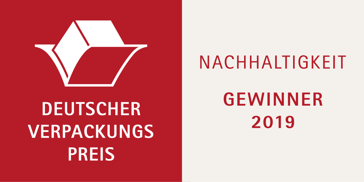 Deutscher Verpackungspreis 2019 für Nachhaltigkeit, dargestellt durch ein rotes und weißes Logo mit einem stilisierten Verpackungsdesign.