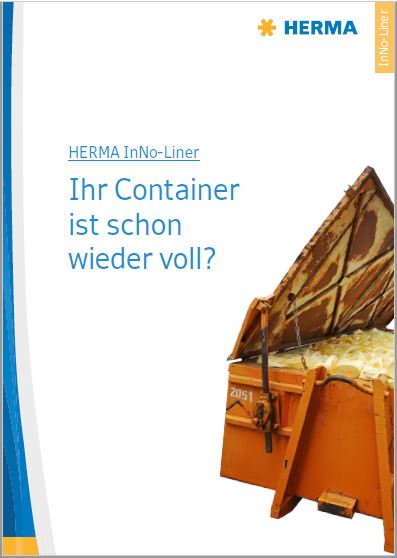 Container mit geöffnetem Deckel, gefüllt mit Materialien. Text fragt, ob der Container bereits voll ist.