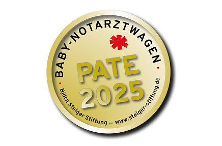 Rundes Emblem mit dem Text "BABY-NOTARZTWAGEN PATE 2025" und dem Logo der Björn Steiger Stiftung.