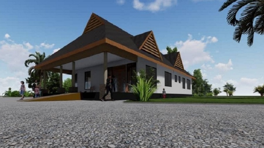 Moderne Architektur eines Hauses mit einem schrägen Dach, umgeben von Pflanzen und einem gepflasterten Weg. Menschen bewegen sich in der Nähe.