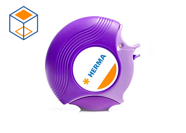 Lila Klebebandabroller mit dem Logo von HERMA auf der Vorderseite.