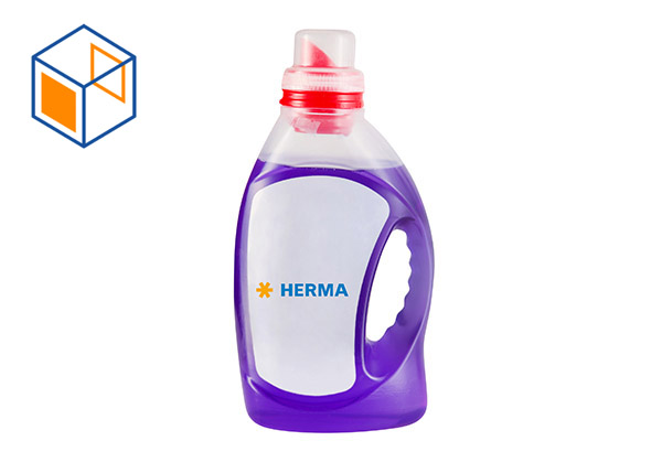 Lila Flasche mit Reinigungsmittel und rotem Deckel, beschriftet mit "HERMA".